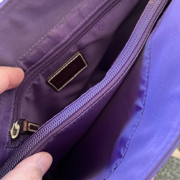 Lauren Ralph Lauren purple nylon small tote with brown handles. Front snap close - Picture 7 of 9